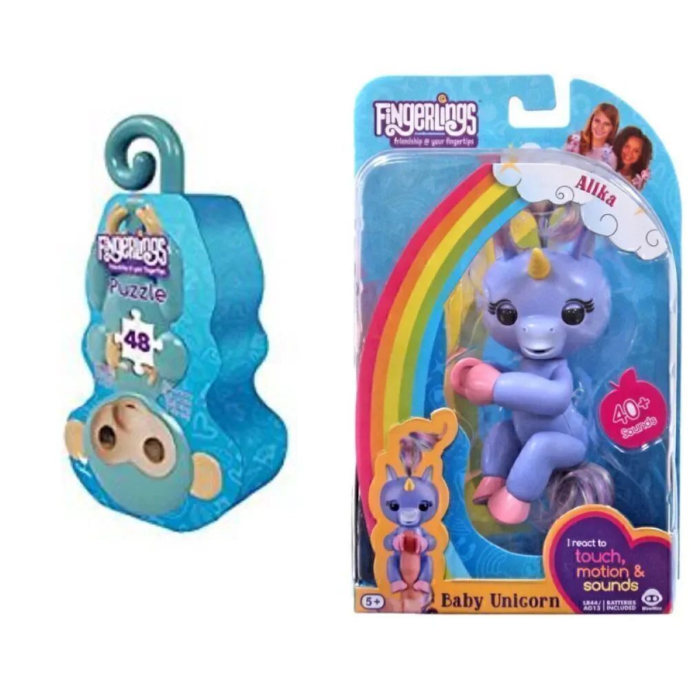Fingerlings Bundle Alika Baby Rainbow Unicorn + 48-Pc Monkey Shaped Puzzle Tin